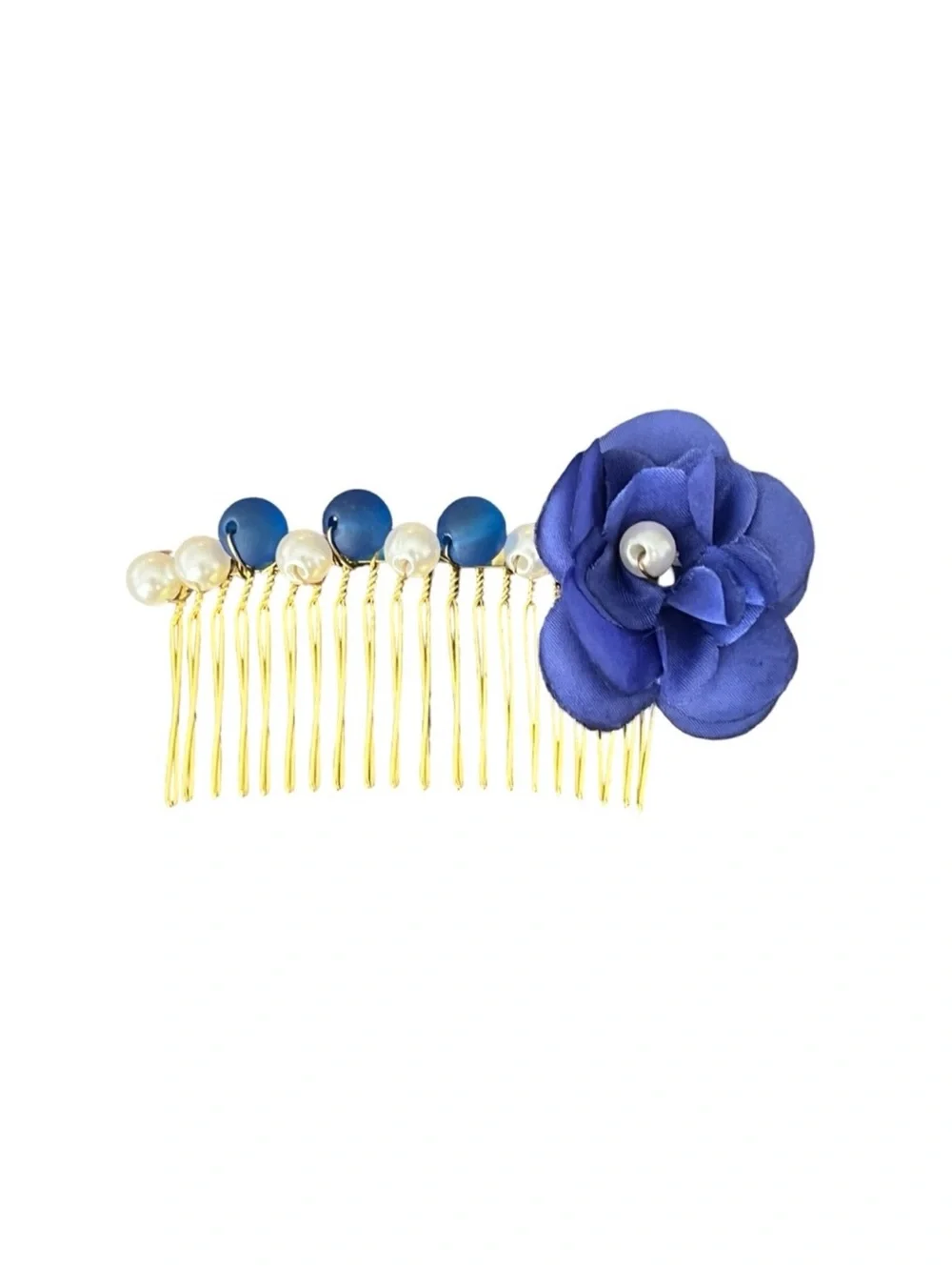 Gold Hair Comb with Blue Flower and Pearls - Women's Accessory FINAL PRICE DROP
